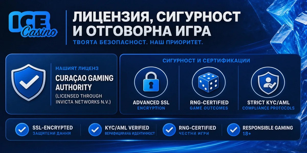 Licensing, security and fair-play information for Ice Casino online casino, localized for BG.